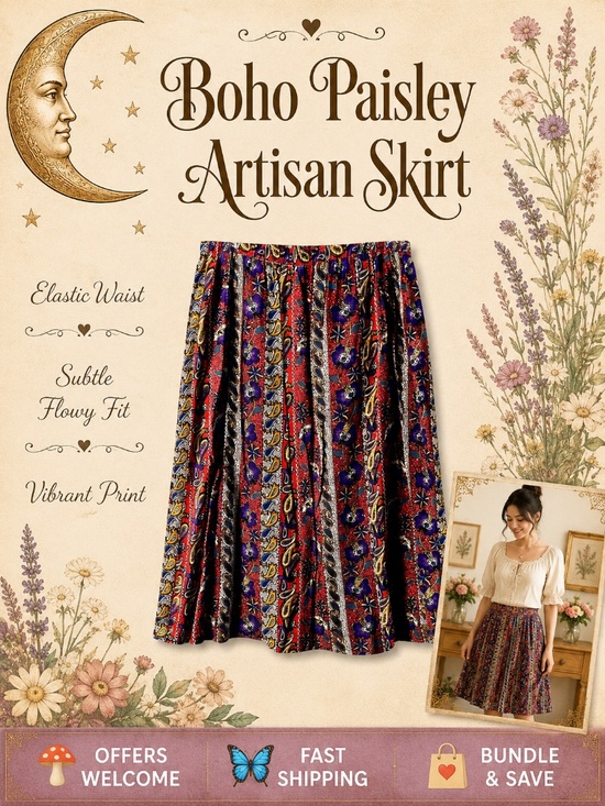 Dresses & Skirts - Handmade Boho Paisley Floral Skirt Elastic Waist Vibrant Multicolor